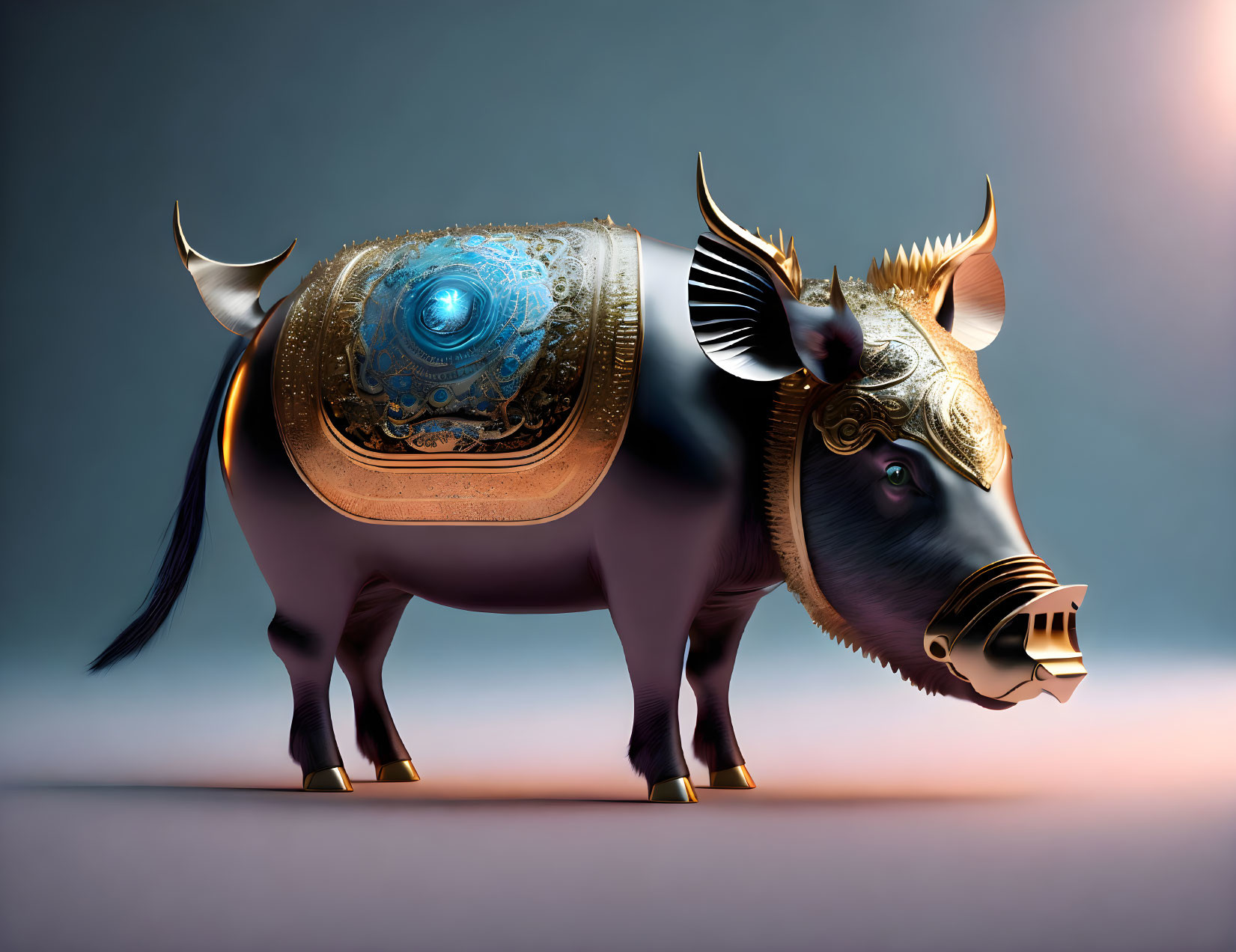 Mechanical pig sculpture with intricate armor designs on gradient backdrop