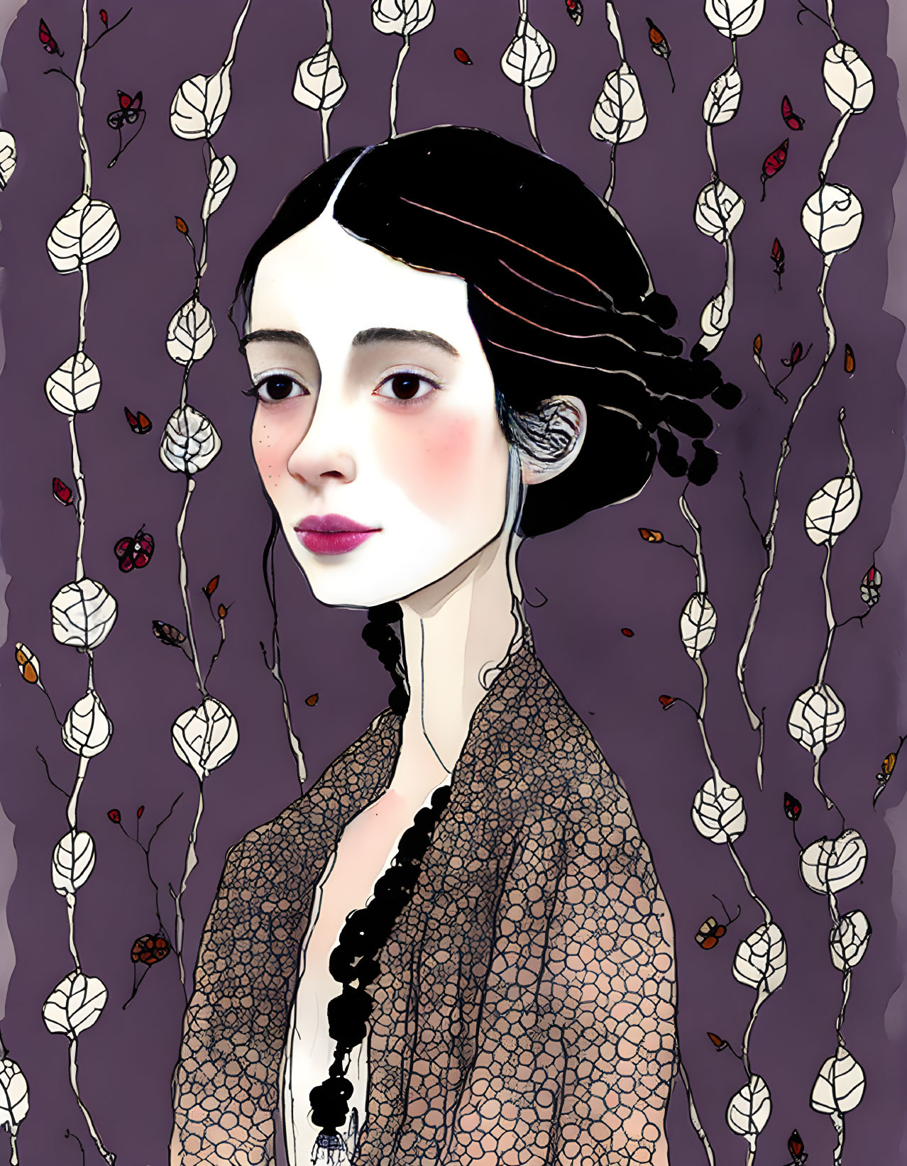 Illustrated portrait of woman in lace dress on purple background