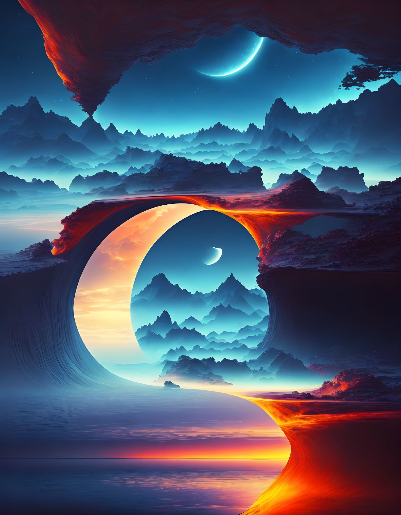 Surreal landscape with layered arches, crescent moon, and silhouetted mountains