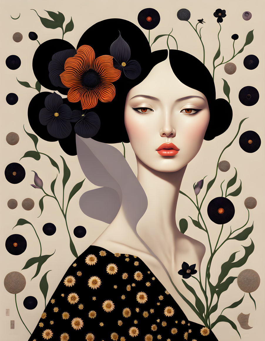 Stylized woman illustration with floral hair and dress in black, gold, and green palette