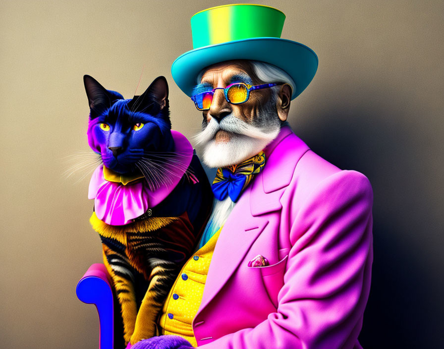 Elderly Man and Cat in Distinguished Attire