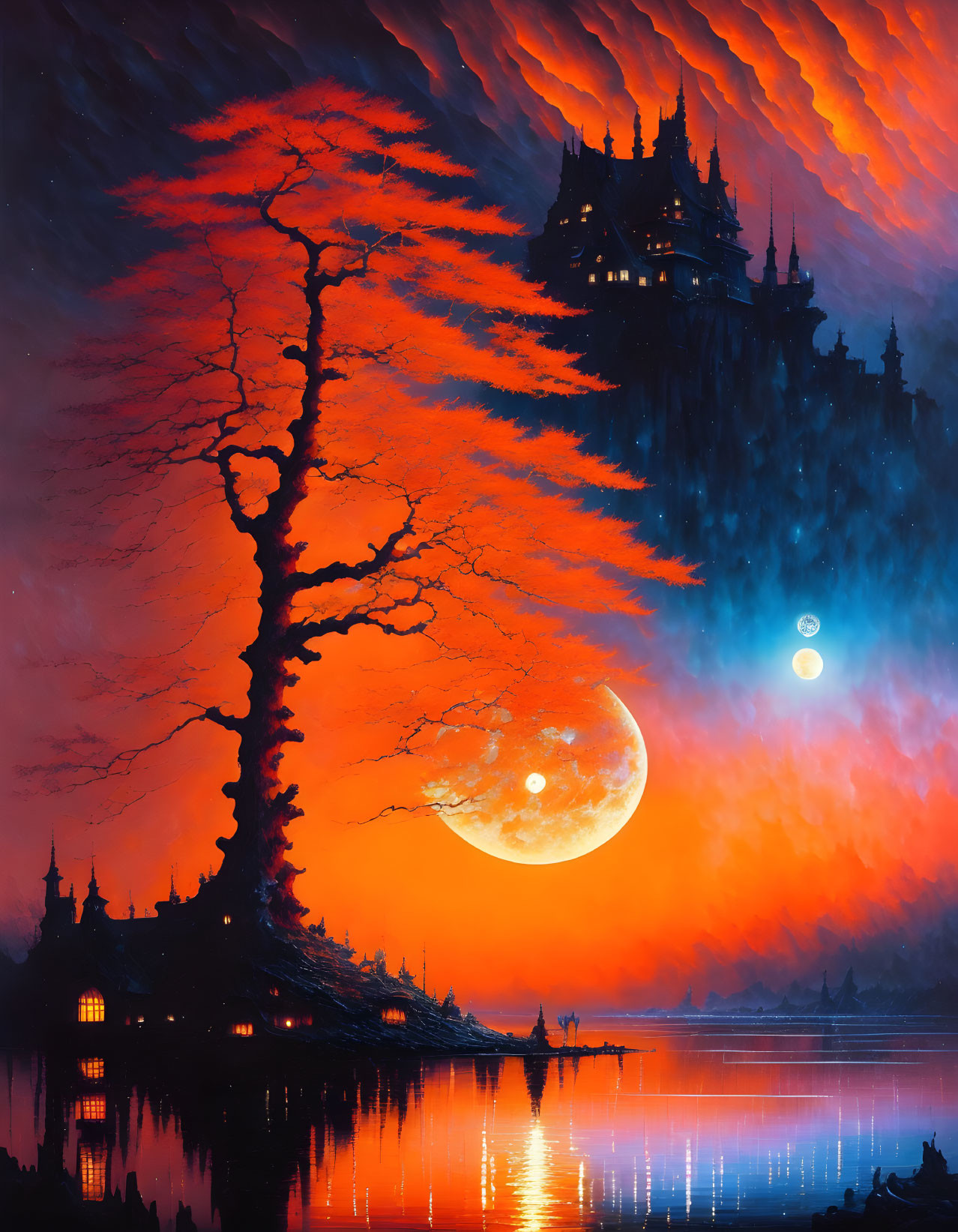 Vibrant red sky, silhouetted tree, castle, dual moons, serene lake landscape