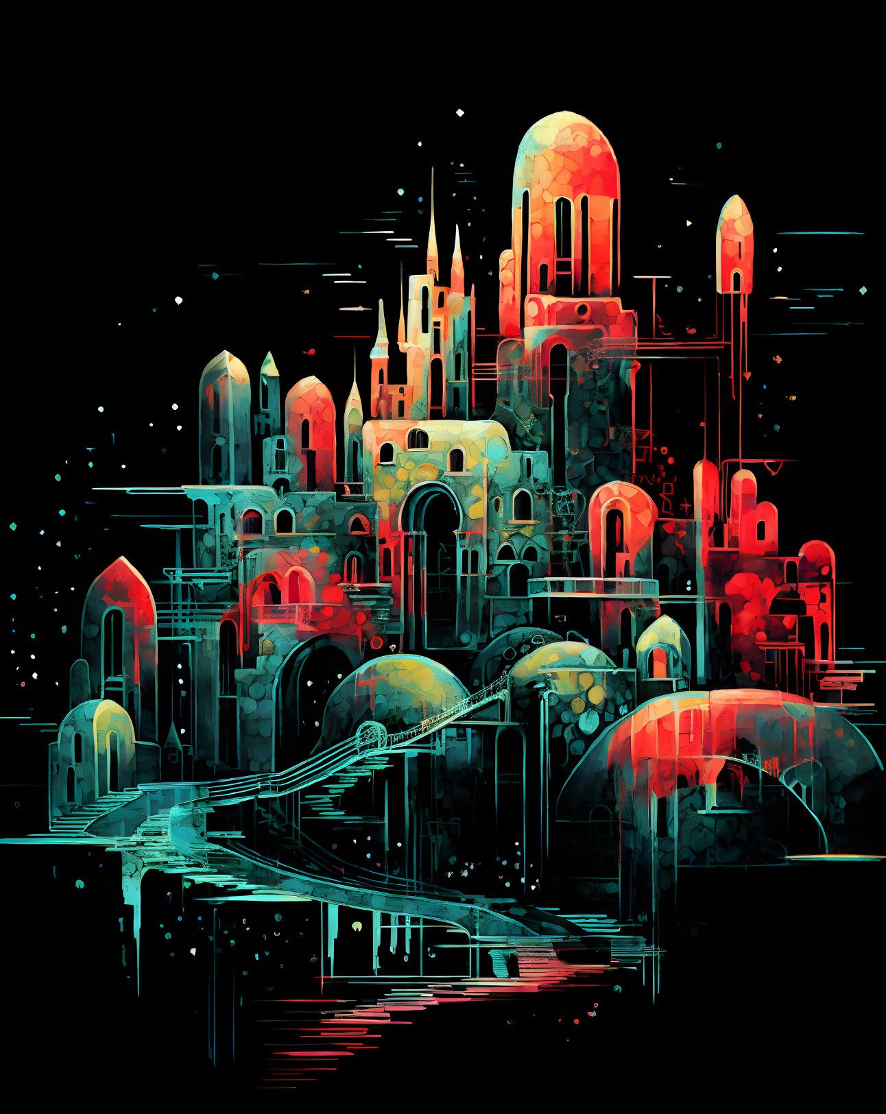 Colorful abstract fantasy cityscape with illuminated buildings and arches under starry sky