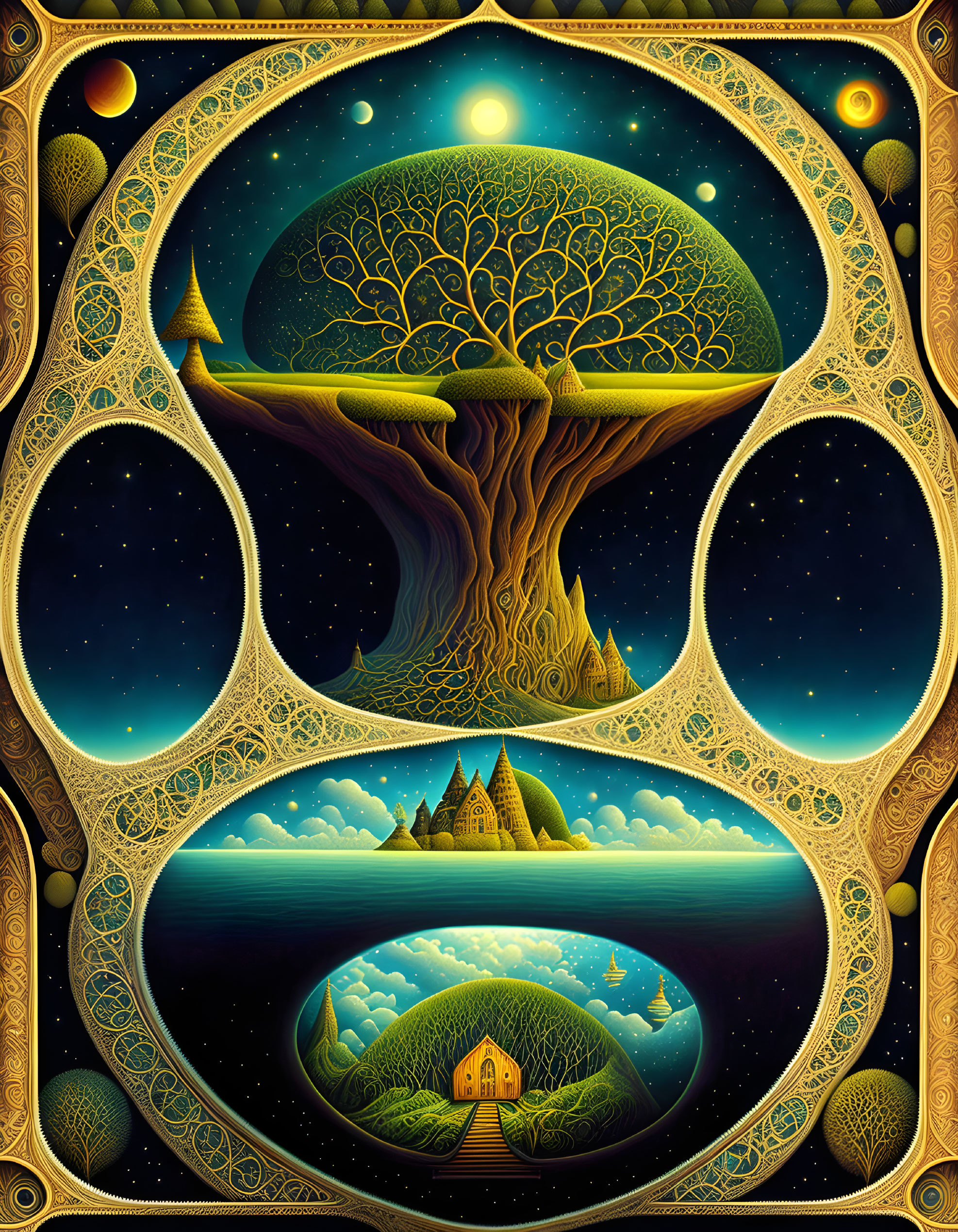 Surreal cosmic tree with golden leaves above a fantasy landscape