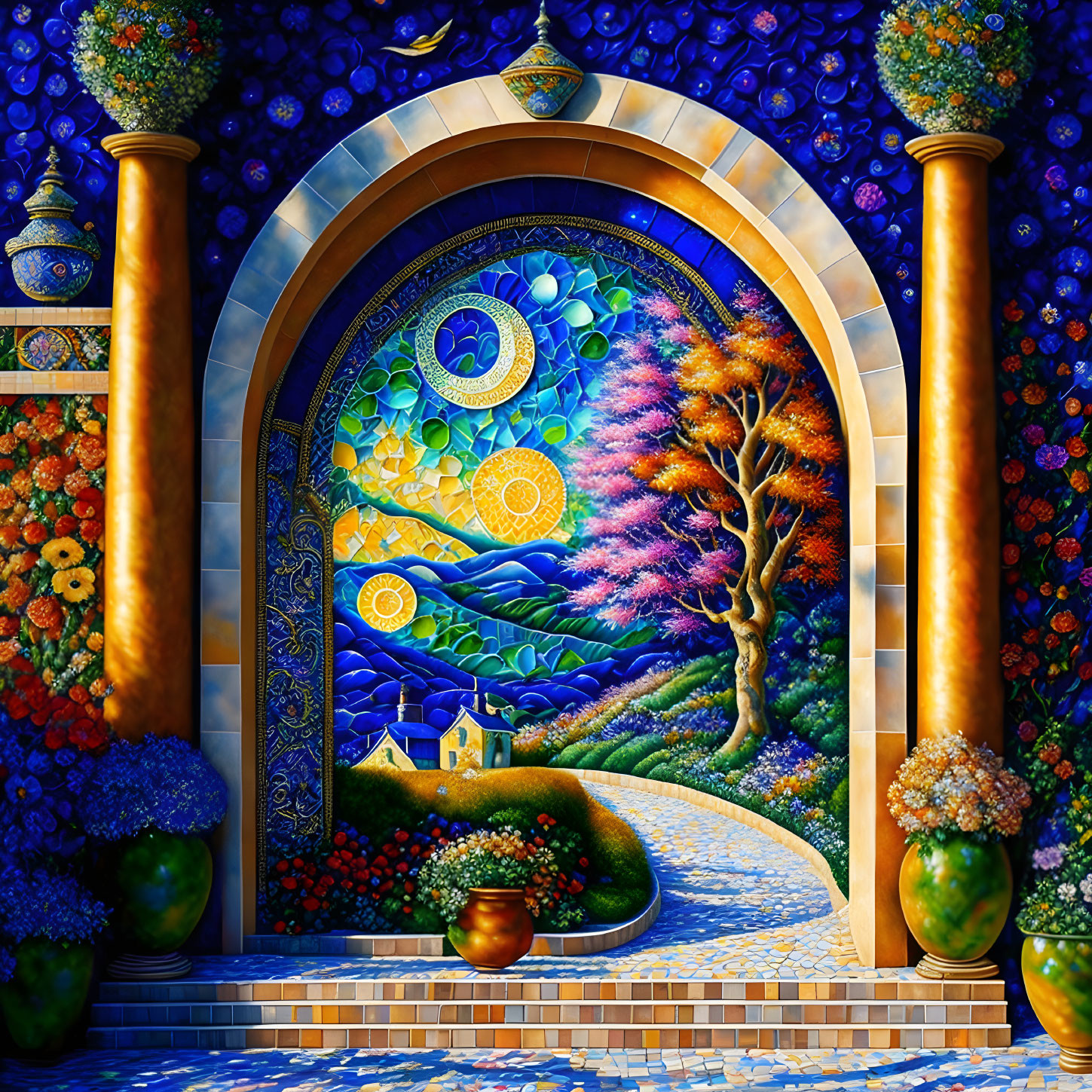 Colorful Mosaic Artwork: Arched Doorway, Flowers, Columns, Whimsical Landscape