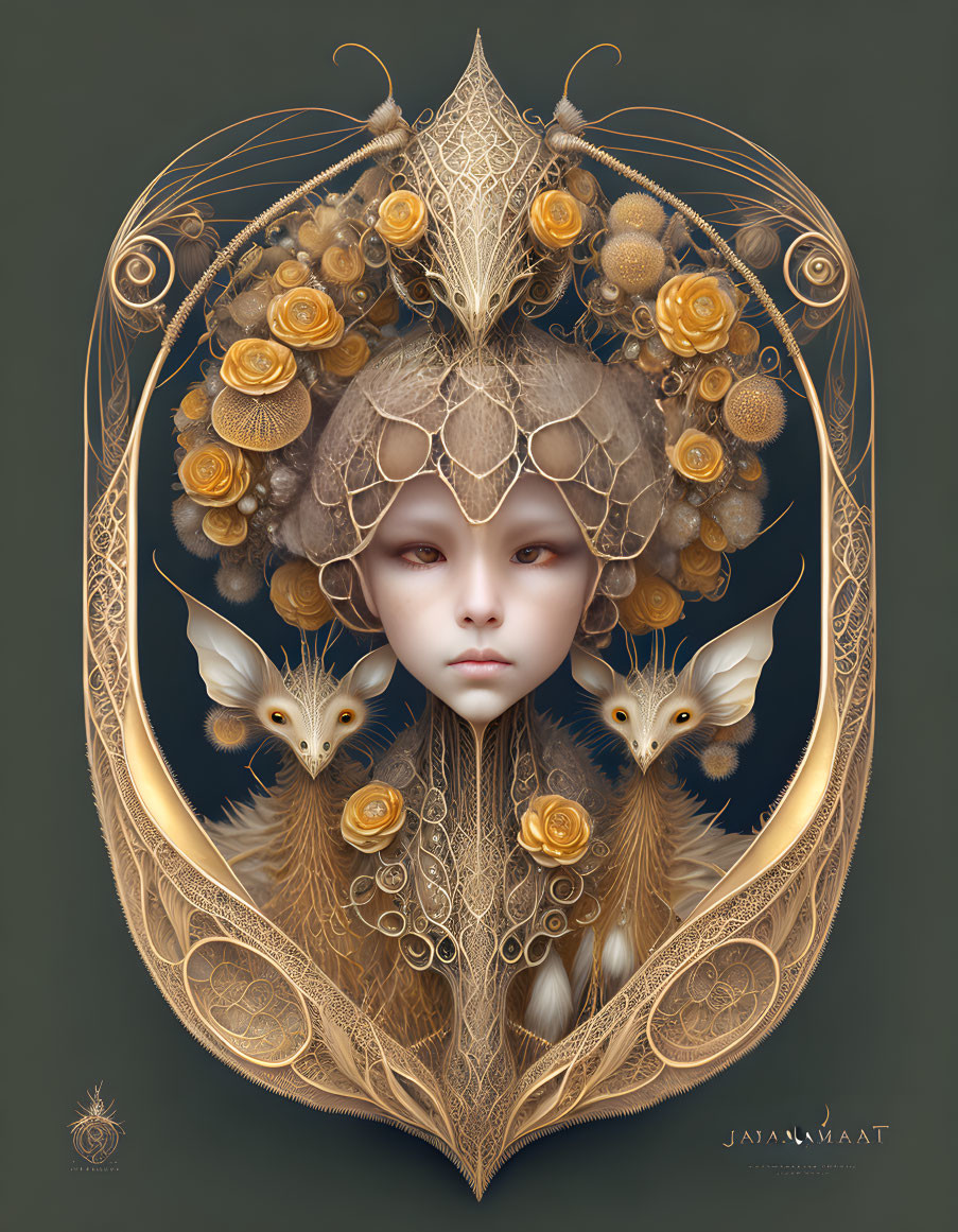 Child's face merges with golden foliage, flowers, creatures in surreal portrait