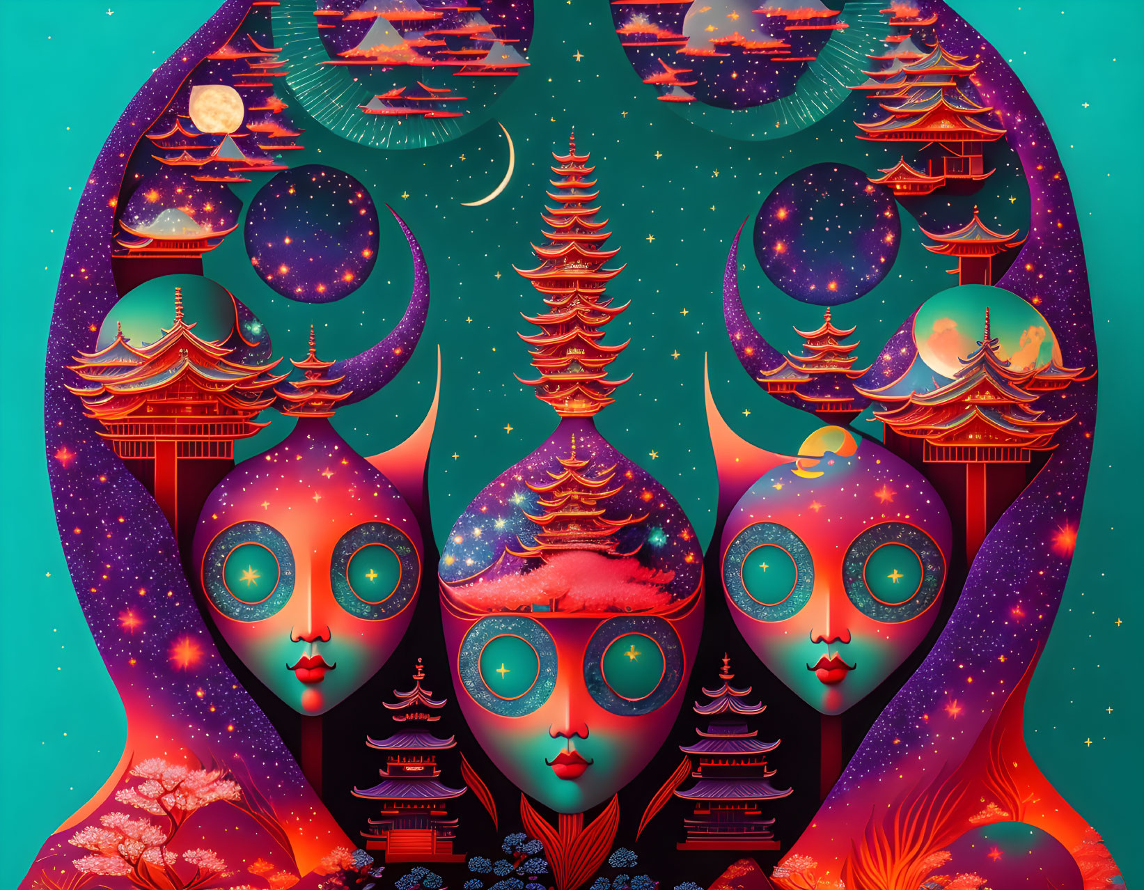 Surreal artwork: Three cosmic figures, Asian pagodas, central tree, celestial backdrop