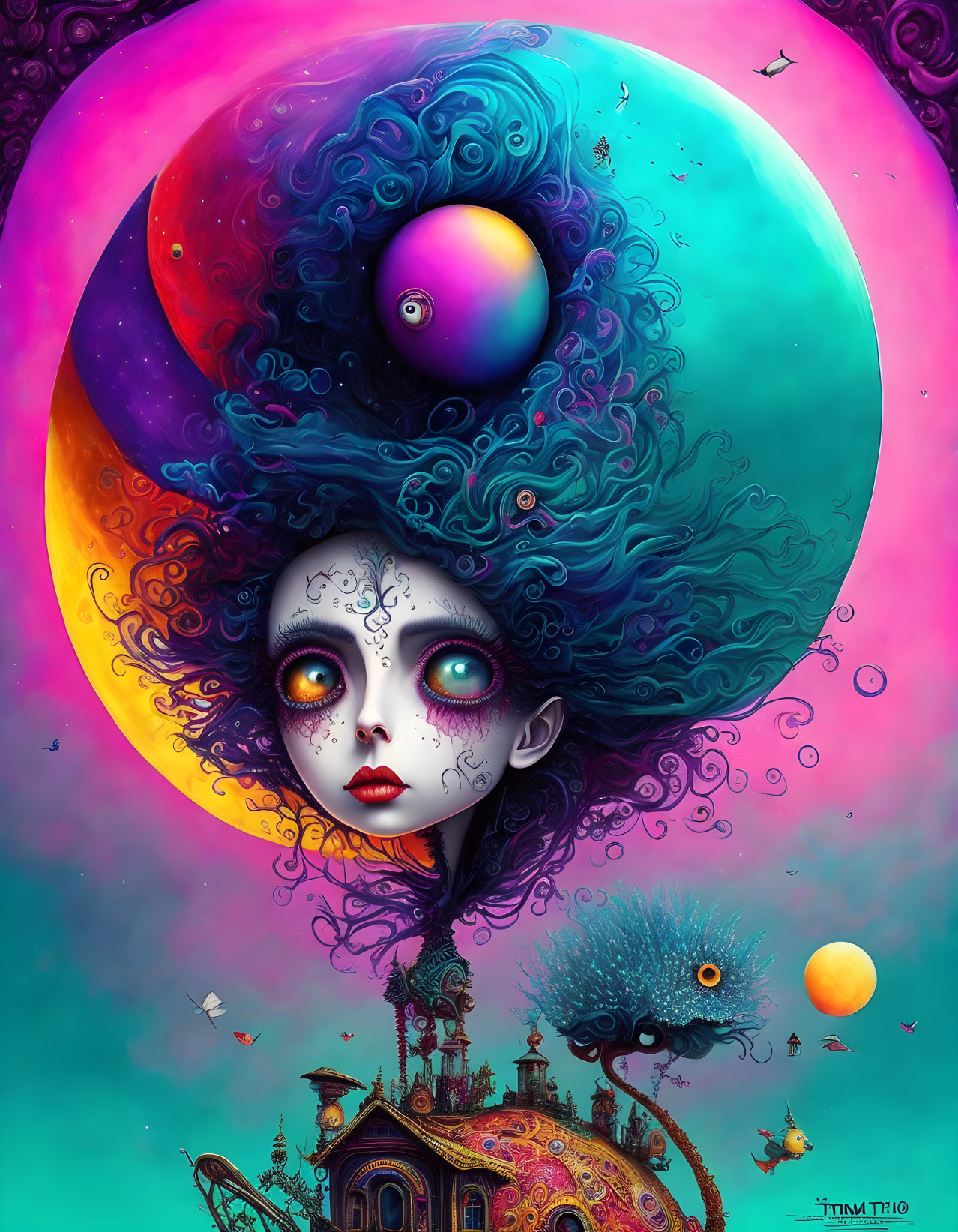 Surreal female figure with expressive eyes and cosmic backdrop.