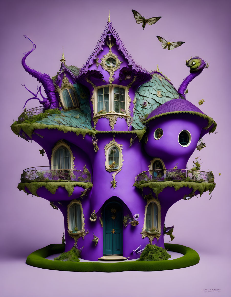 Fantasy house with violet and turquoise color scheme, ornate windows, twisty towers, and lush