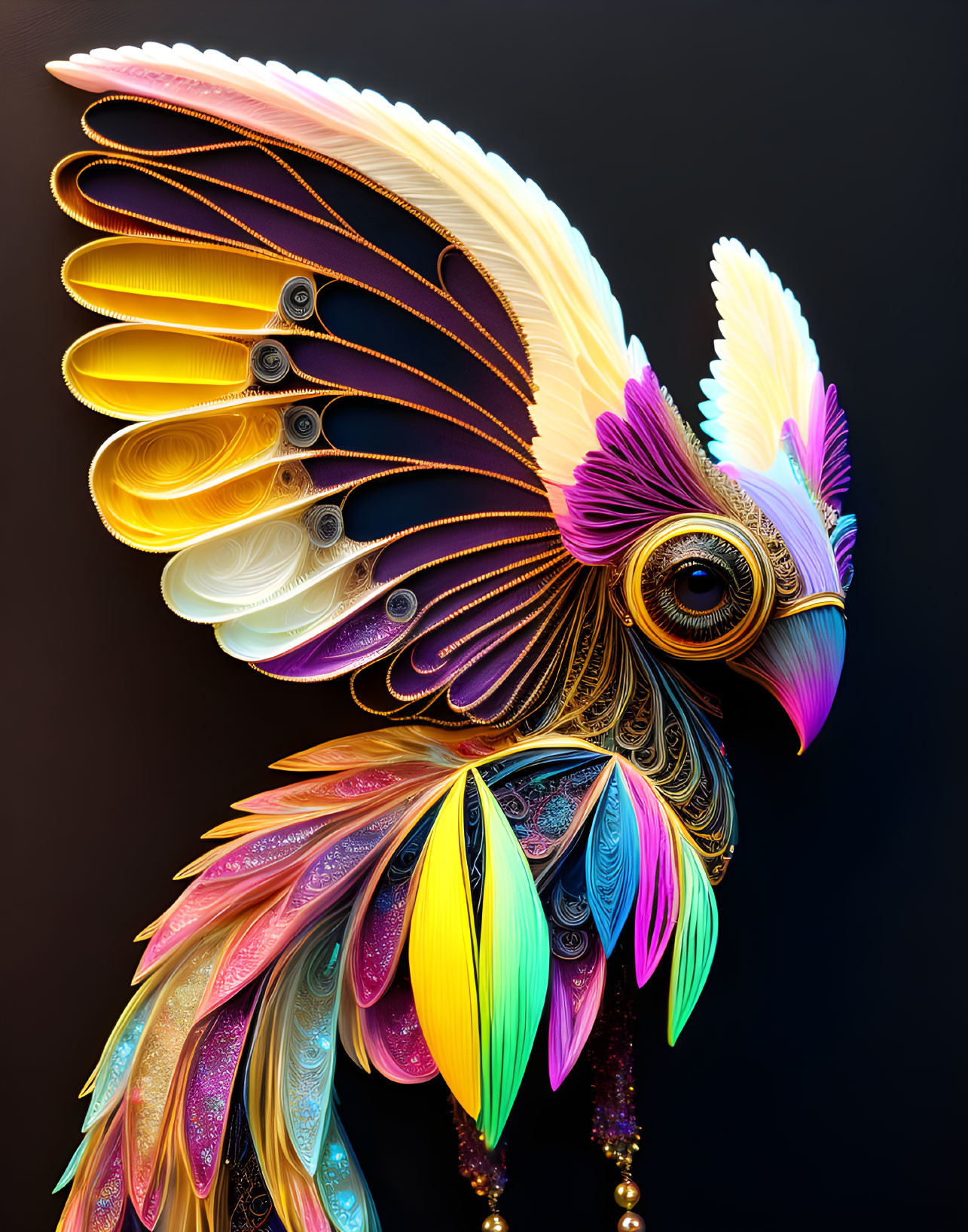 Colorful ornate bird digital art on dark background