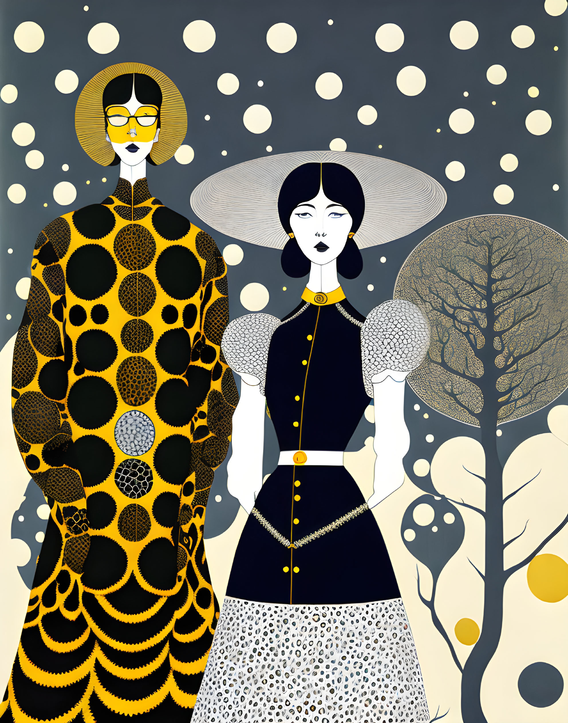 Stylized geometric figures in elaborate outfits with tree background