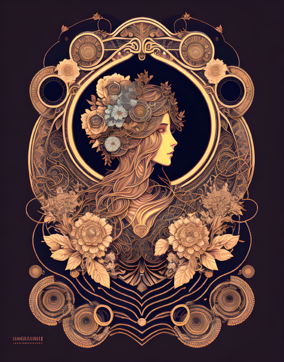 Detailed woman profile surrounded by ornate floral and geometric designs