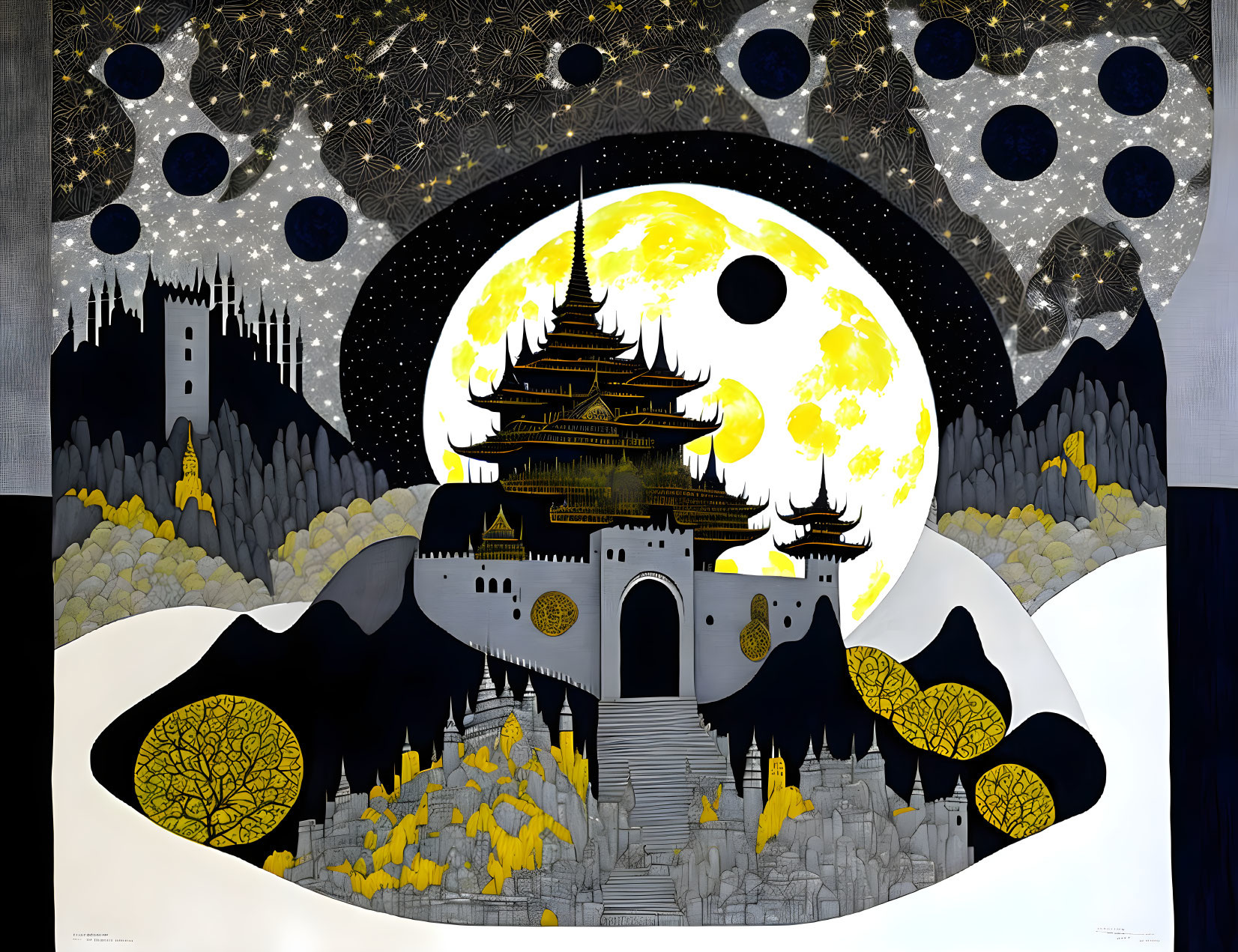 Stylized temple with golden details under moon phases and starry sky