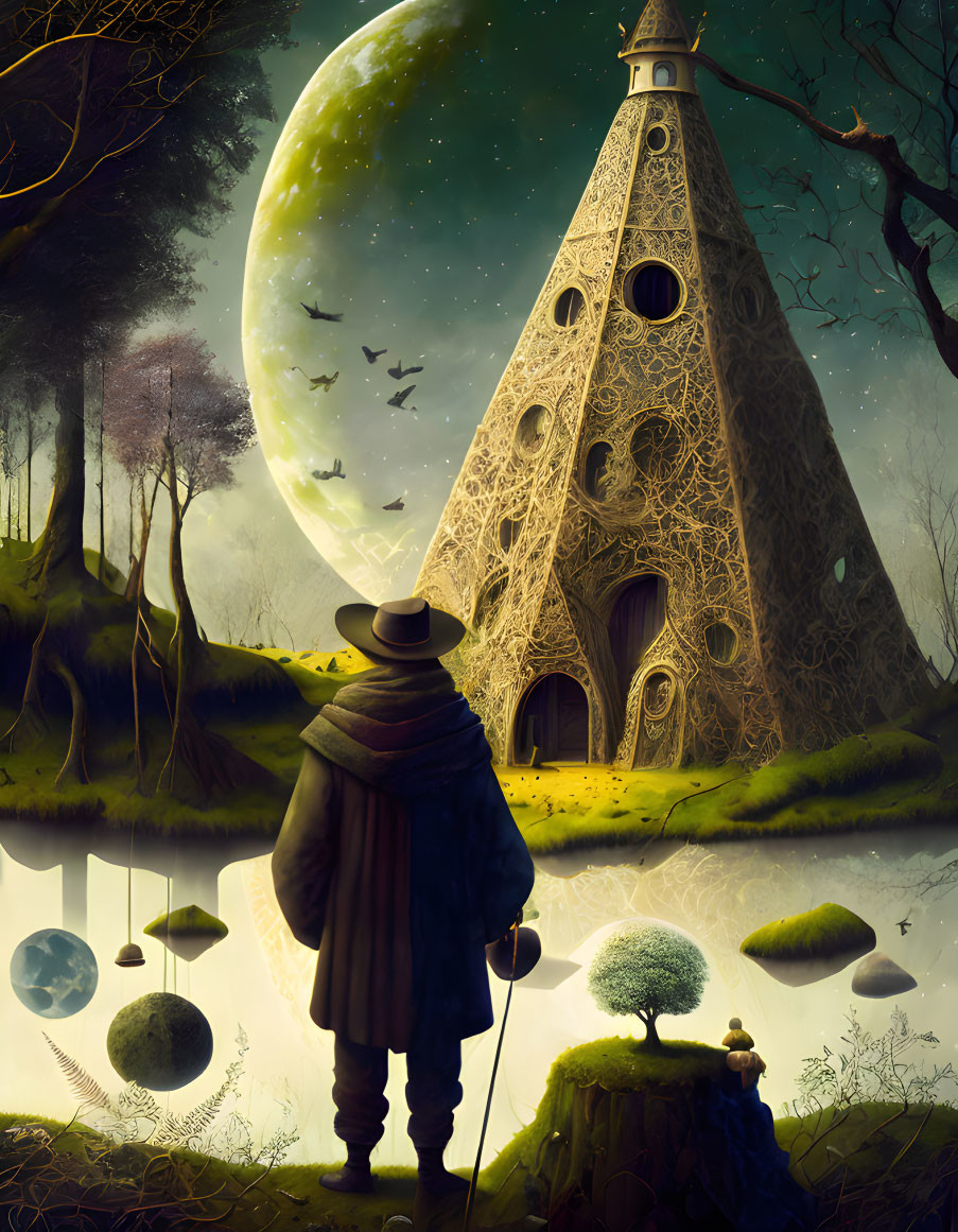 Mysterious figure in cloak and hat in fantasy landscape