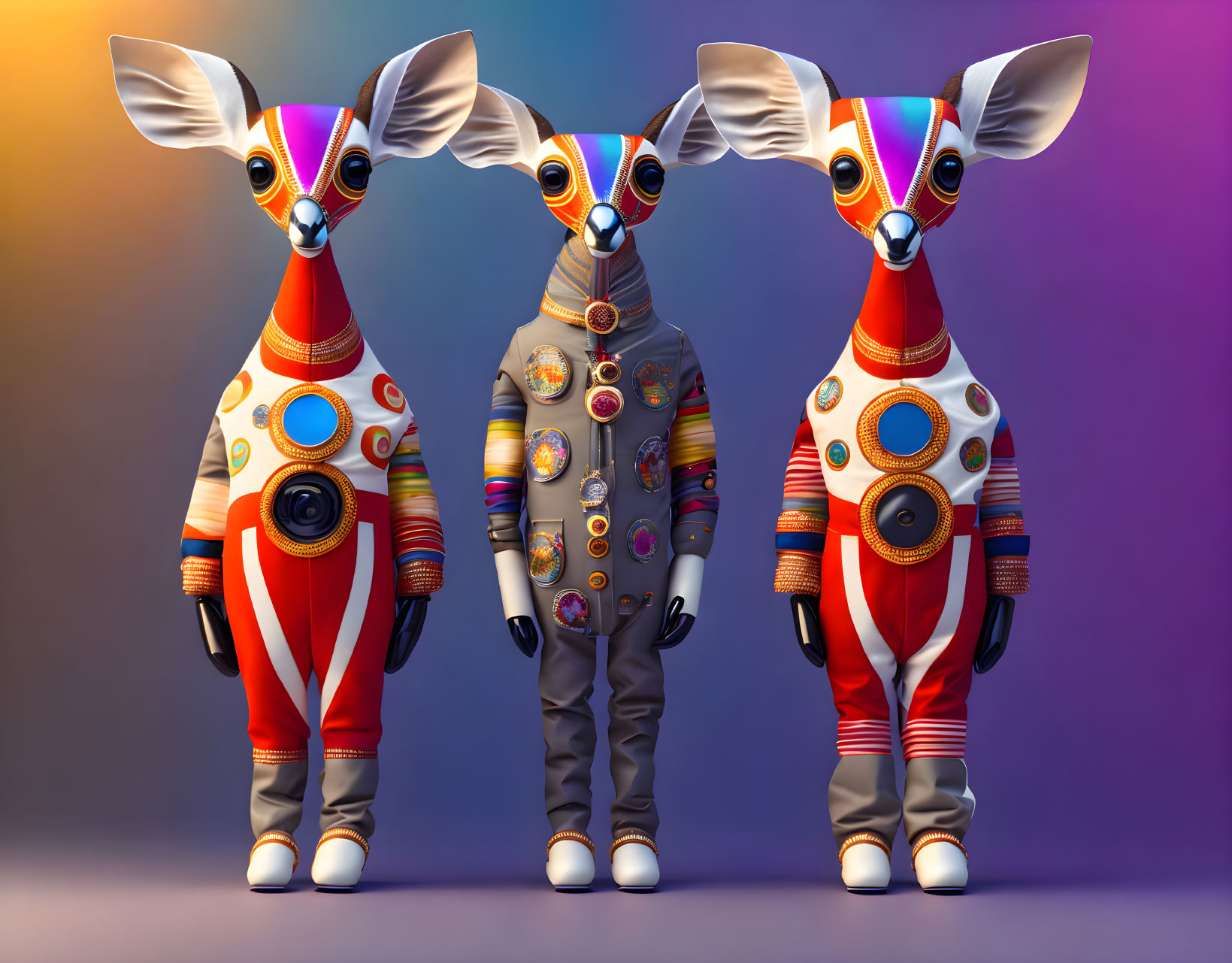 Three stylized anthropomorphic creatures in vibrant spacesuits on gradient background