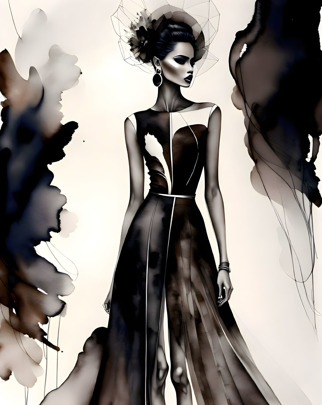 Stylish woman in black dress amidst abstract smoky shapes