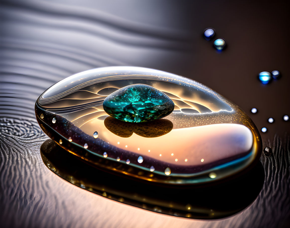 Macro Water Droplets on Reflective Surface with Serene Appearance