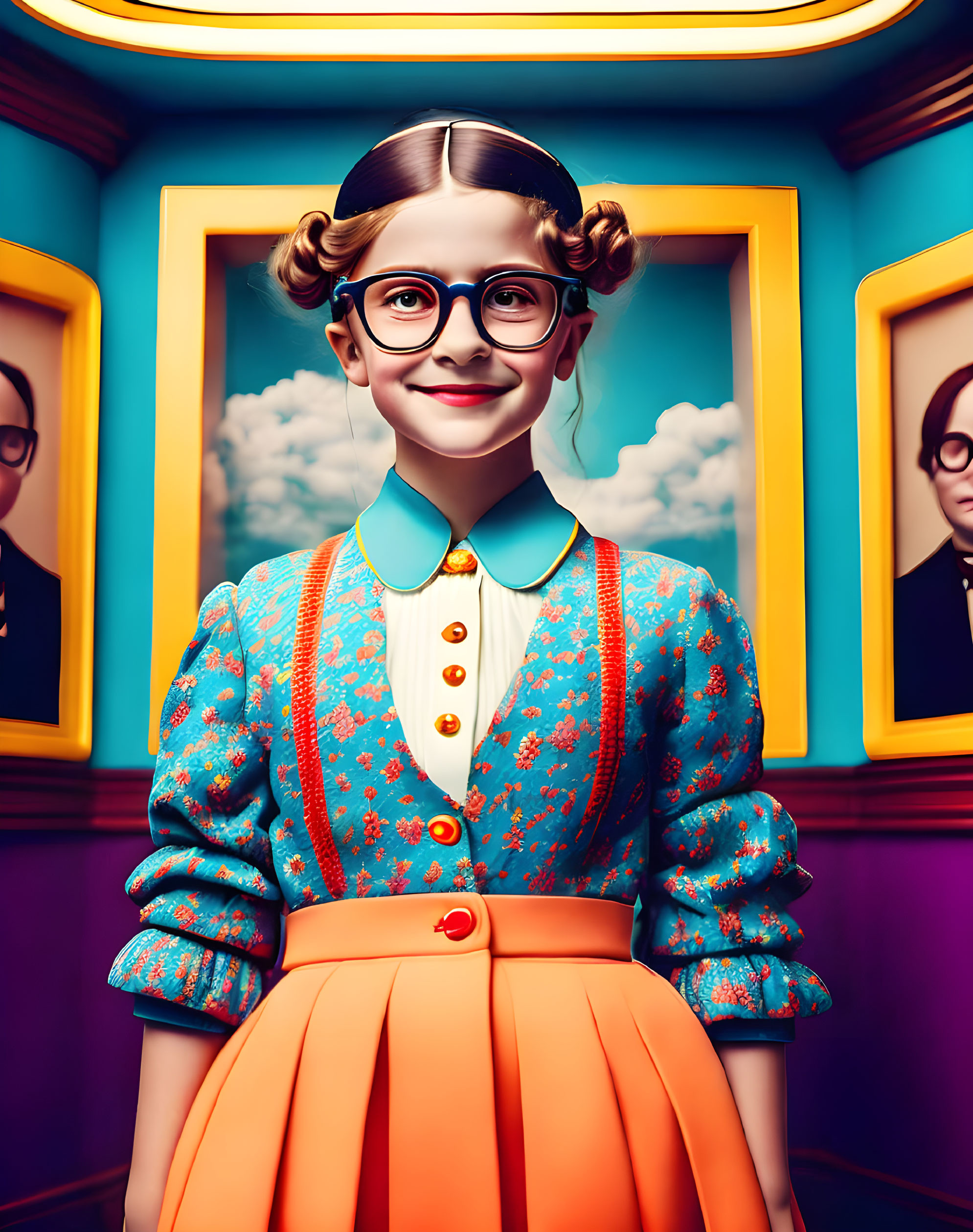 Illustration of smiling girl with glasses and curly hair in colorful dress in room with framed portraits