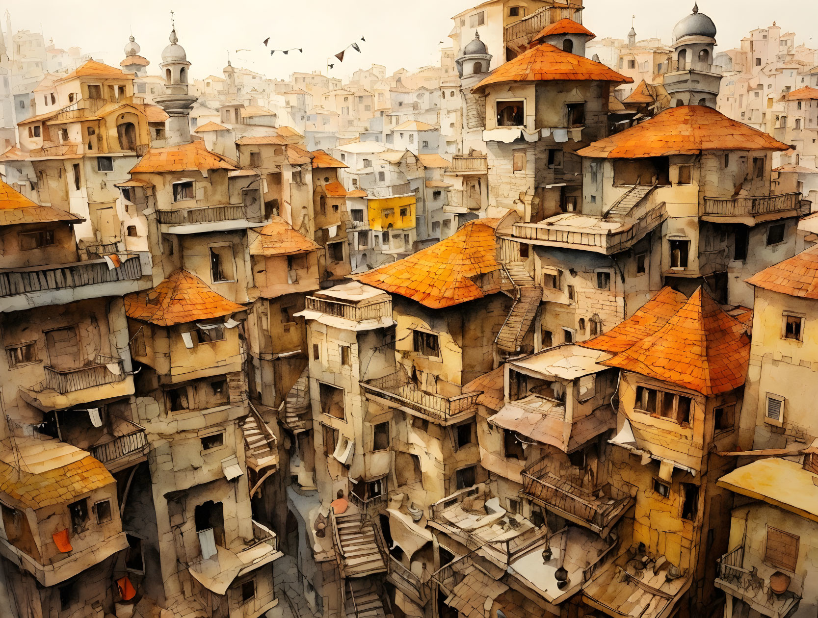 Sepia-toned town with orange roofs and domes under bird-filled sky