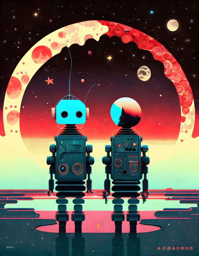 Stylized robots in front of large red crescent moon and starry sky