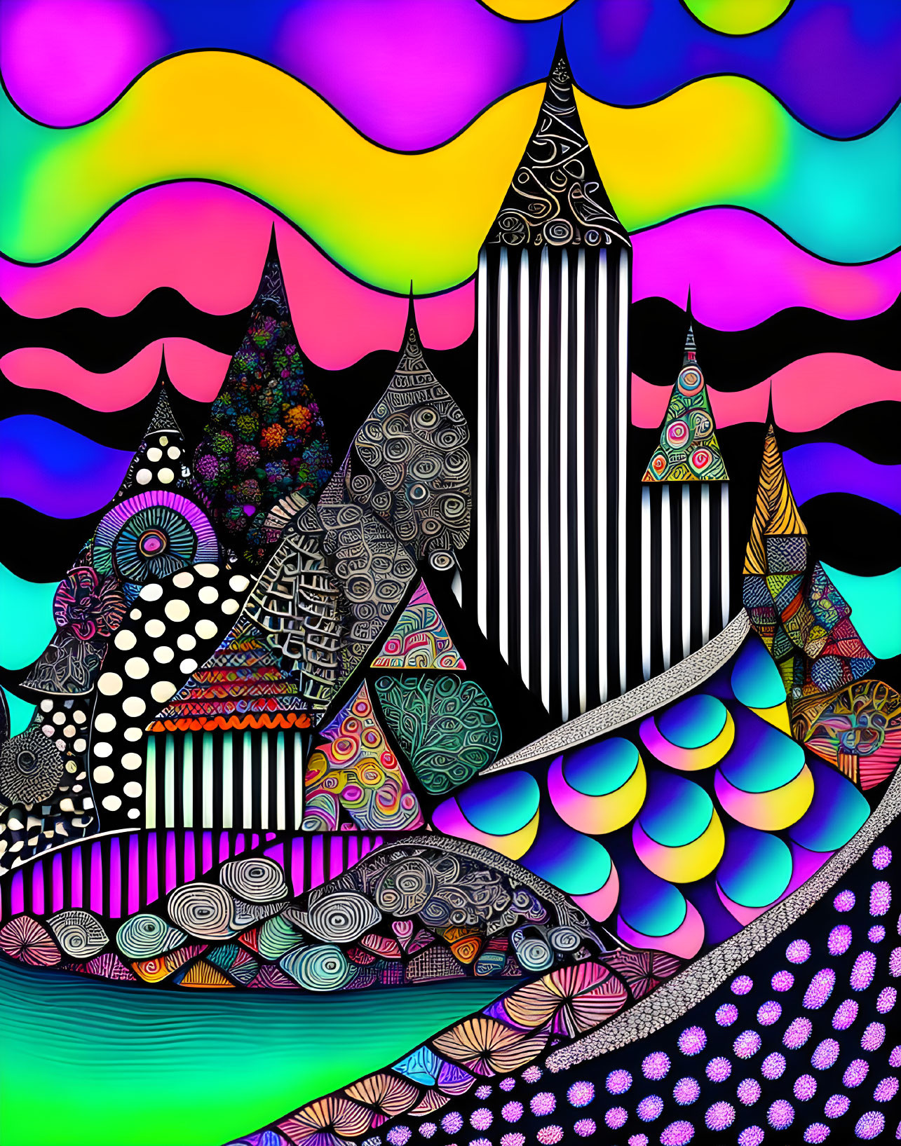 Colorful Abstract Image with Psychedelic Patterns and Whimsical Shapes