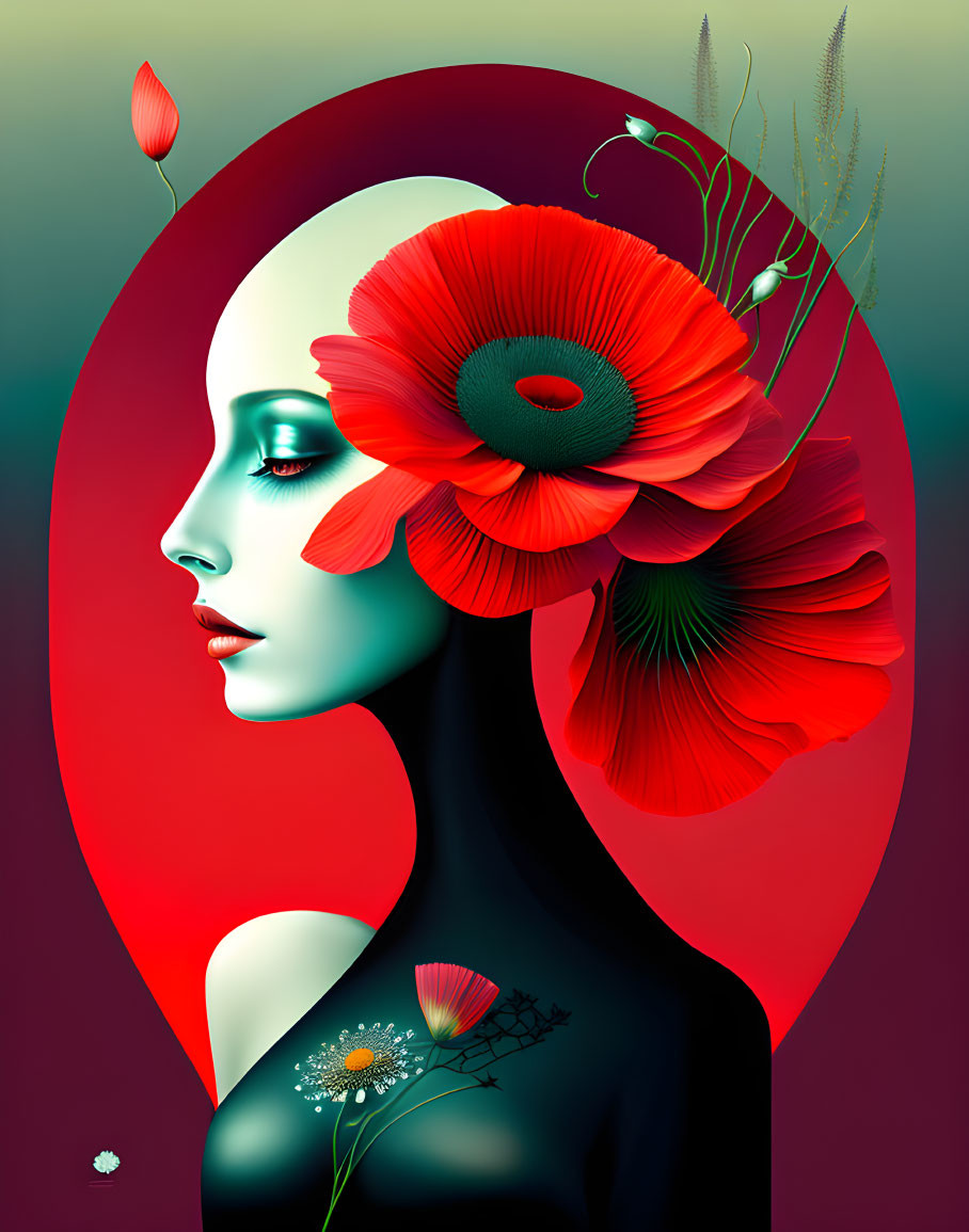 Stylized illustration of woman with red poppy hair accessories on green and red gradient background