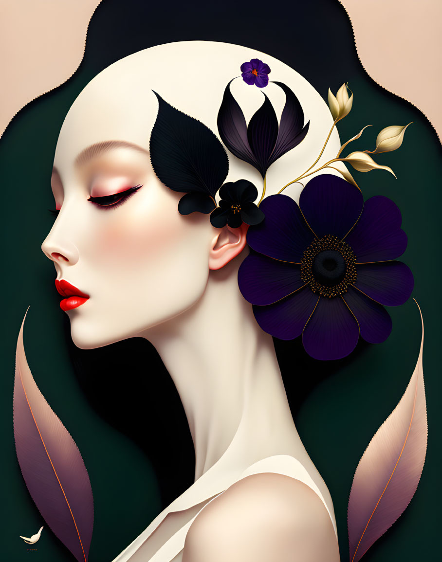 Pale-skinned woman with red lips and purple floral hair adornments on dark background