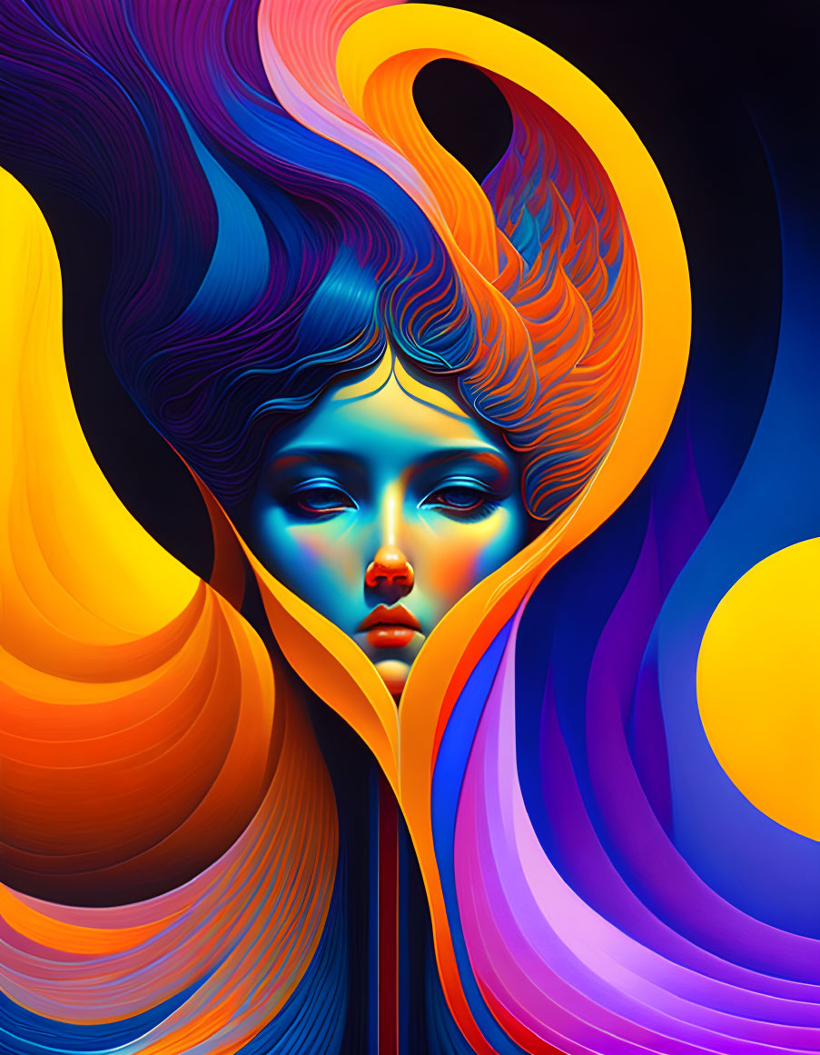 Colorful surreal digital portrait with flowing shapes and waves