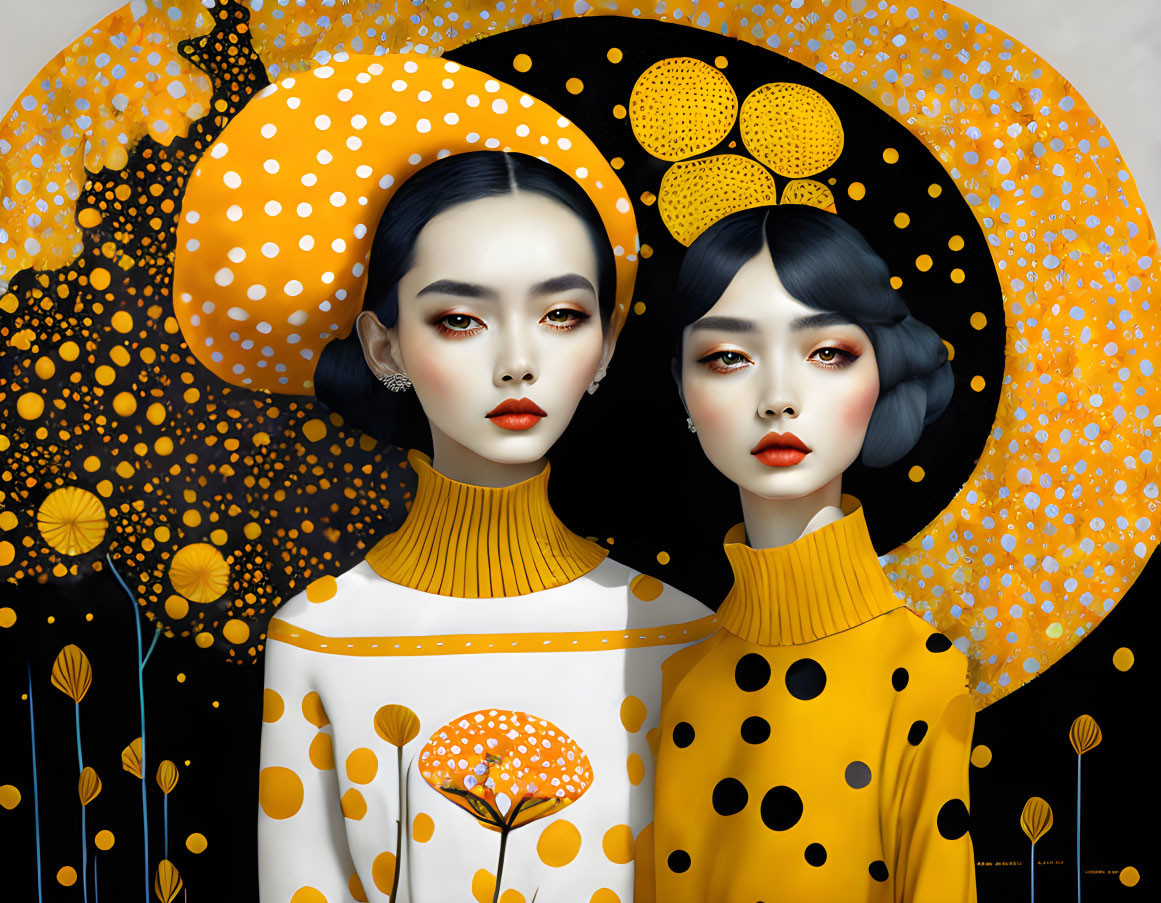 Stylized female figures in polka-dotted dresses on dotted backdrop