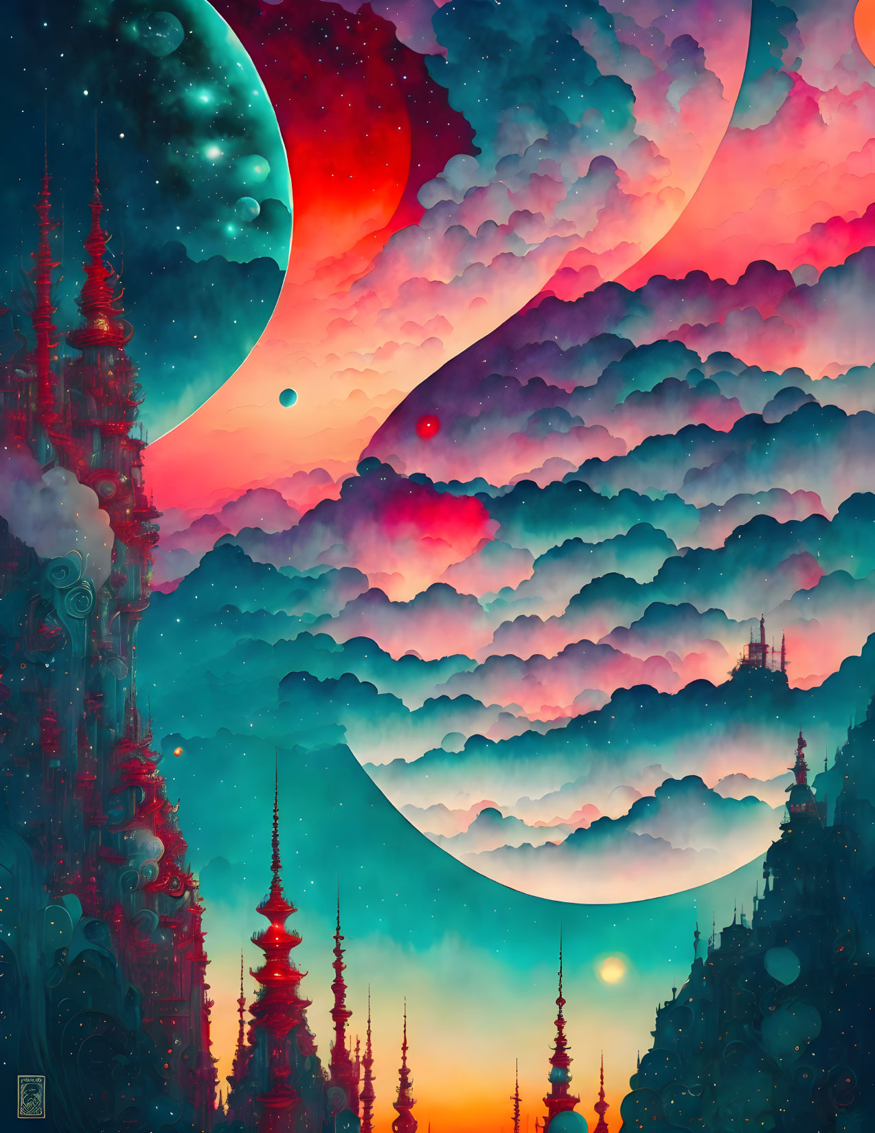 Fantasy landscape with towering spires under red nebula sky