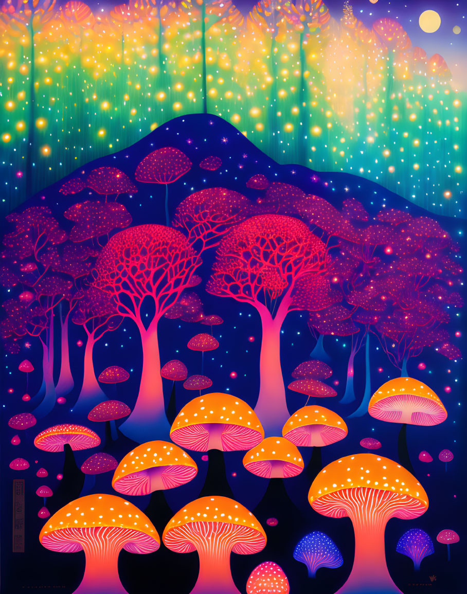 Psychedelic forest with glowing mushrooms under starry night sky