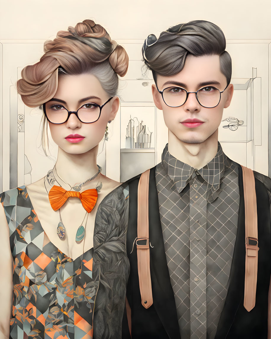 Fashionable young couple with vintage hairstyles and sophisticated eyewear in stylized illustration