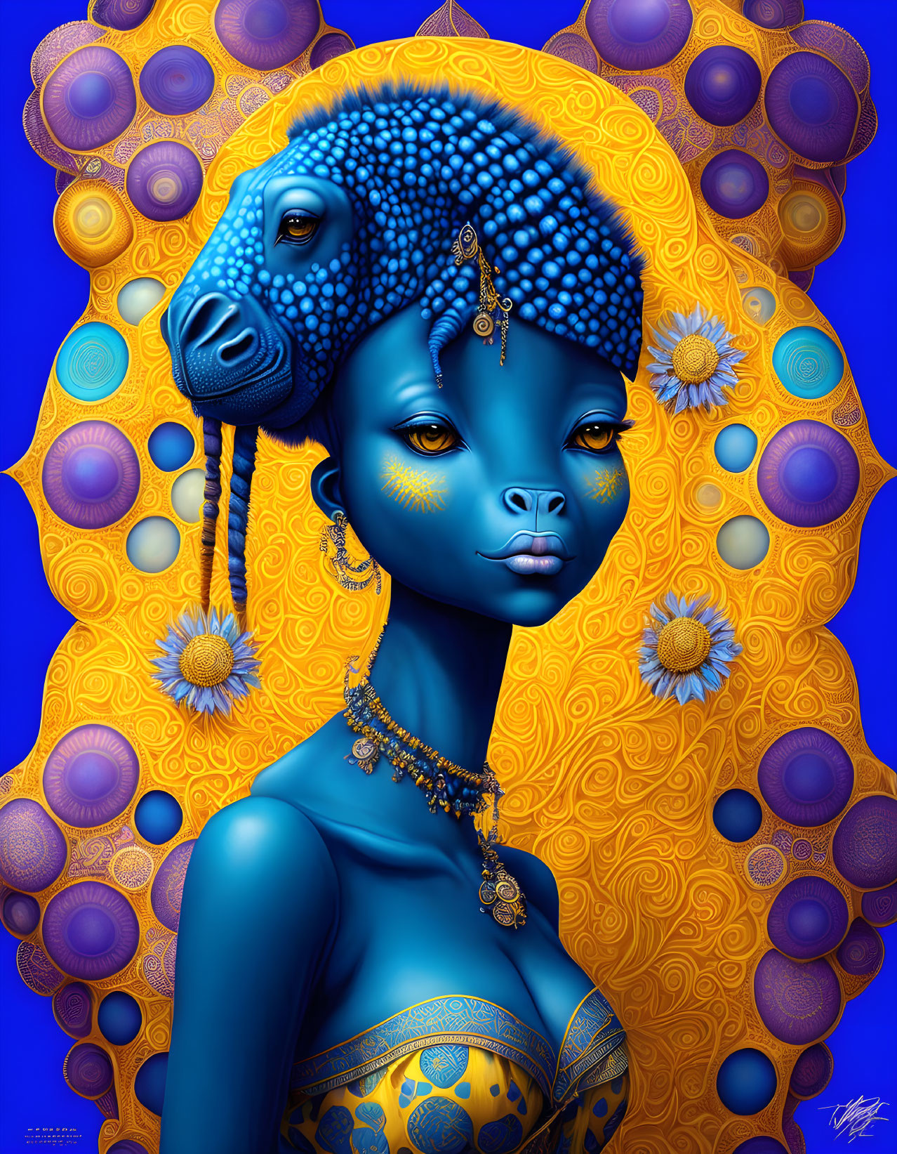 Blue-skinned woman with gold patterns in digital art portrait