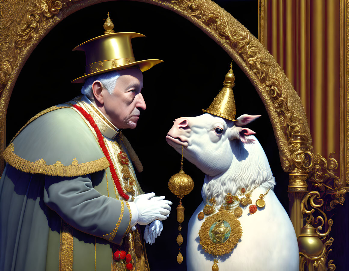 Regal man in gold top hat conversing with cow in crown and jewelry on dark background.