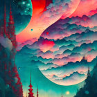 Fantasy landscape with towering spires under red nebula sky