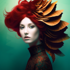 Vibrant red hair with leaf-like decorations on teal background