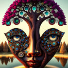 Colorful surreal illustration: Face merging with tree, peacock feather leaves, multiple eyes in bark and