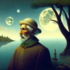 Elderly man portrait with moonlit landscape reflection