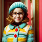 Smiling girl in blue hat and knitted coat by pink door