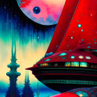 Colorful sci-fi landscape with red spaceship, dome structures, orbs, spires, and cosmic sky