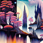 Vibrant mushroom-trees and floating islands in a fantastical landscape