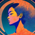 Vivid blue and orange side profile woman illustration with swirl patterns