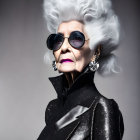 Stylish elderly woman with white hair in sunglasses and black outfit