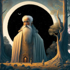 Giant with Star-Filled Cloak and Trees: Illustration of Wise-Looking Figure and