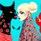 Colorful Illustration of Woman with Artistic Makeup and Stylish Bun Next to Patterned Black Cat