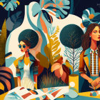 Stylized women in vibrant tropical setting with retro chic vibe