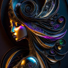 Stylized digital artwork: Female profile with metallic swirls