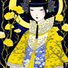 Illustrated woman in traditional Asian attire with moon halo and golden flowers on dark background