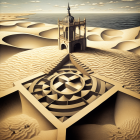 Surreal landscape with checkerboard pit, palace-like structure, and wavy sand dunes