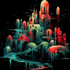 Colorful abstract fantasy cityscape with illuminated buildings and arches under starry sky